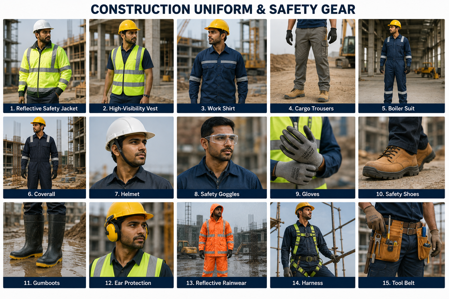 Construction uniform and workwear collection including site uniforms, reflective garments, coveralls and safety gear