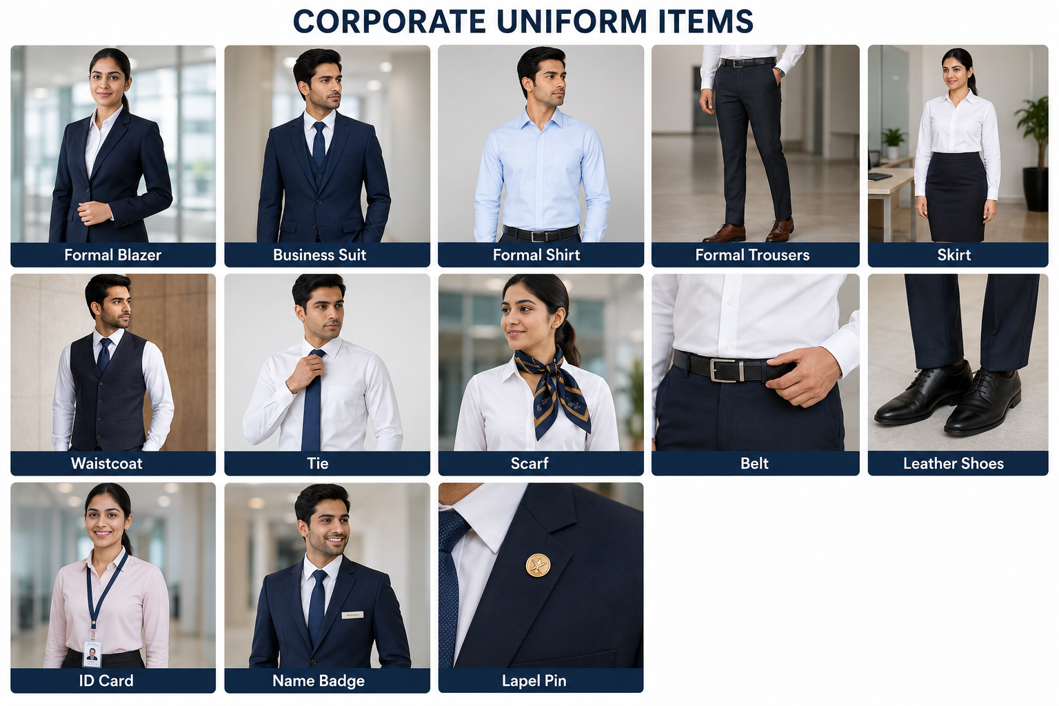 Corporate uniform collection including shirts, trousers, blazers, business suits and professional workplace accessories