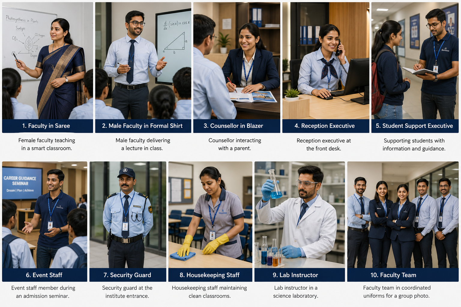 Education uniform collection for faculty, students, administration, counsellors, laboratories and campus support teams