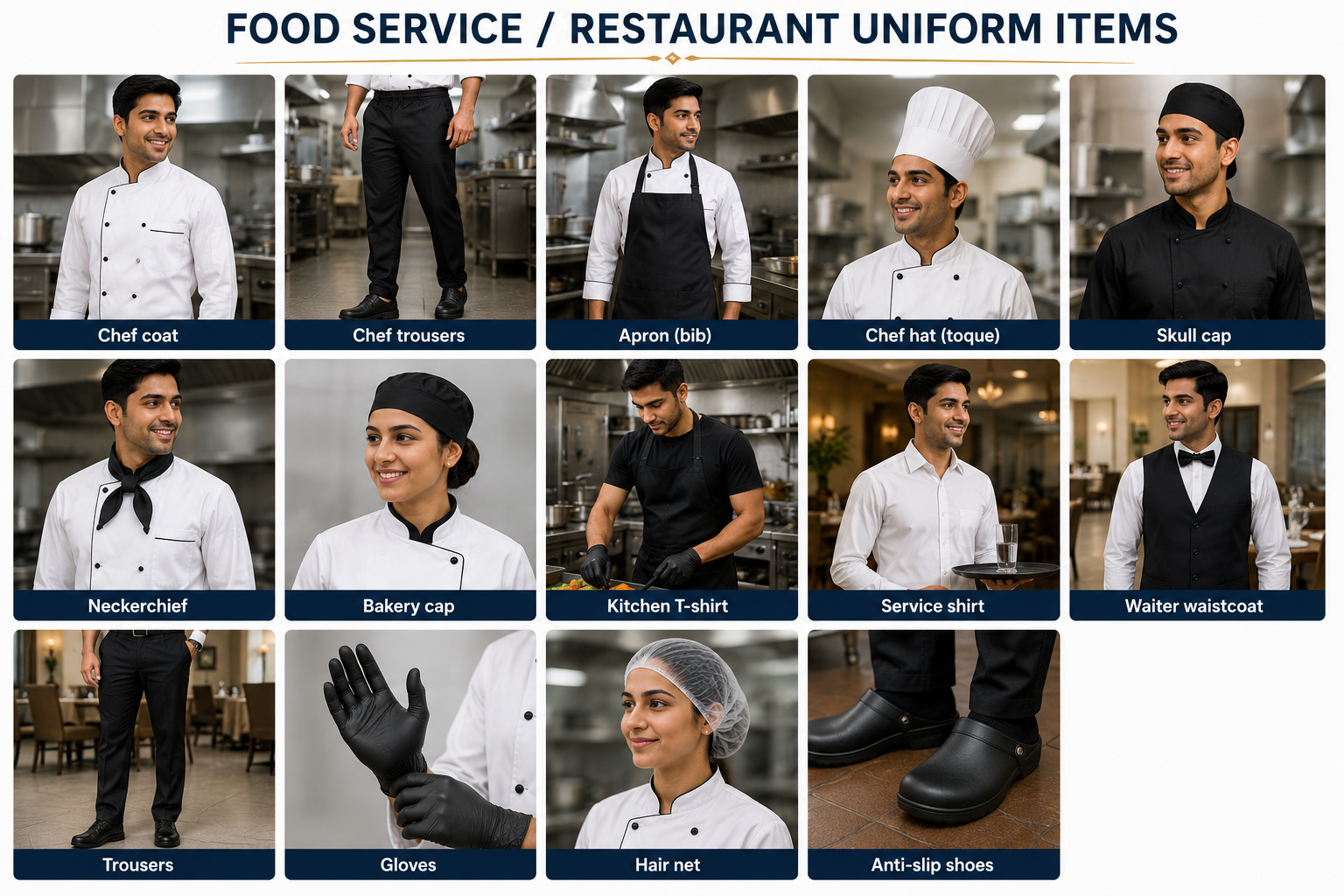 Food service uniform collection including chef coats, kitchen uniforms, restaurant staff uniforms, aprons, caps and food-service accessories