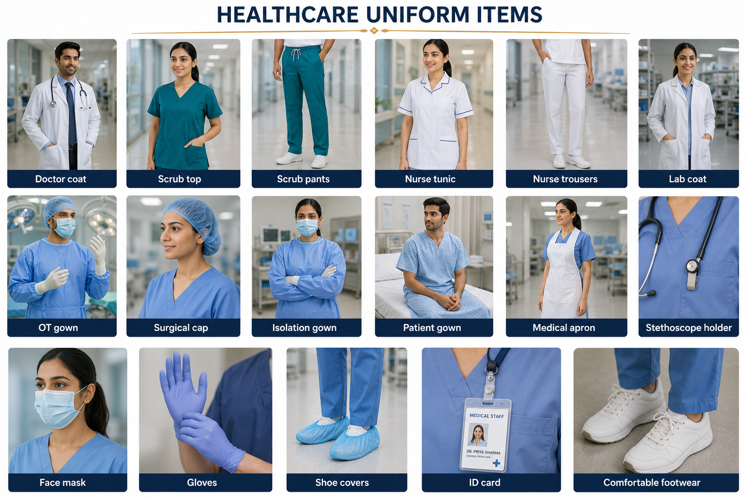Healthcare uniform collection including doctor coats, nursing scrubs, clinical apparel and hospital support uniforms
