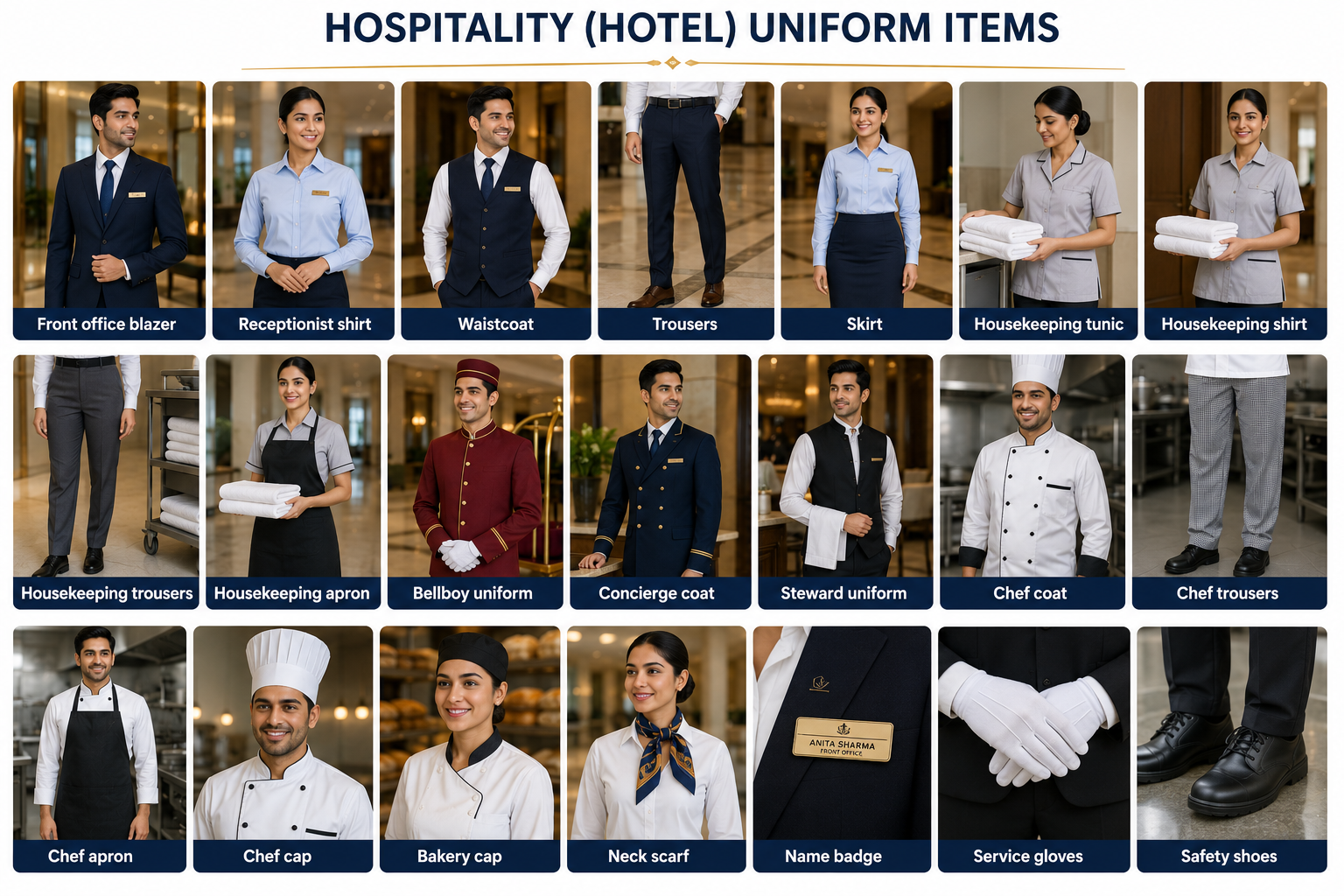 Hospitality uniform collection including hotel front office, housekeeping, food service, chef and guest-service uniforms