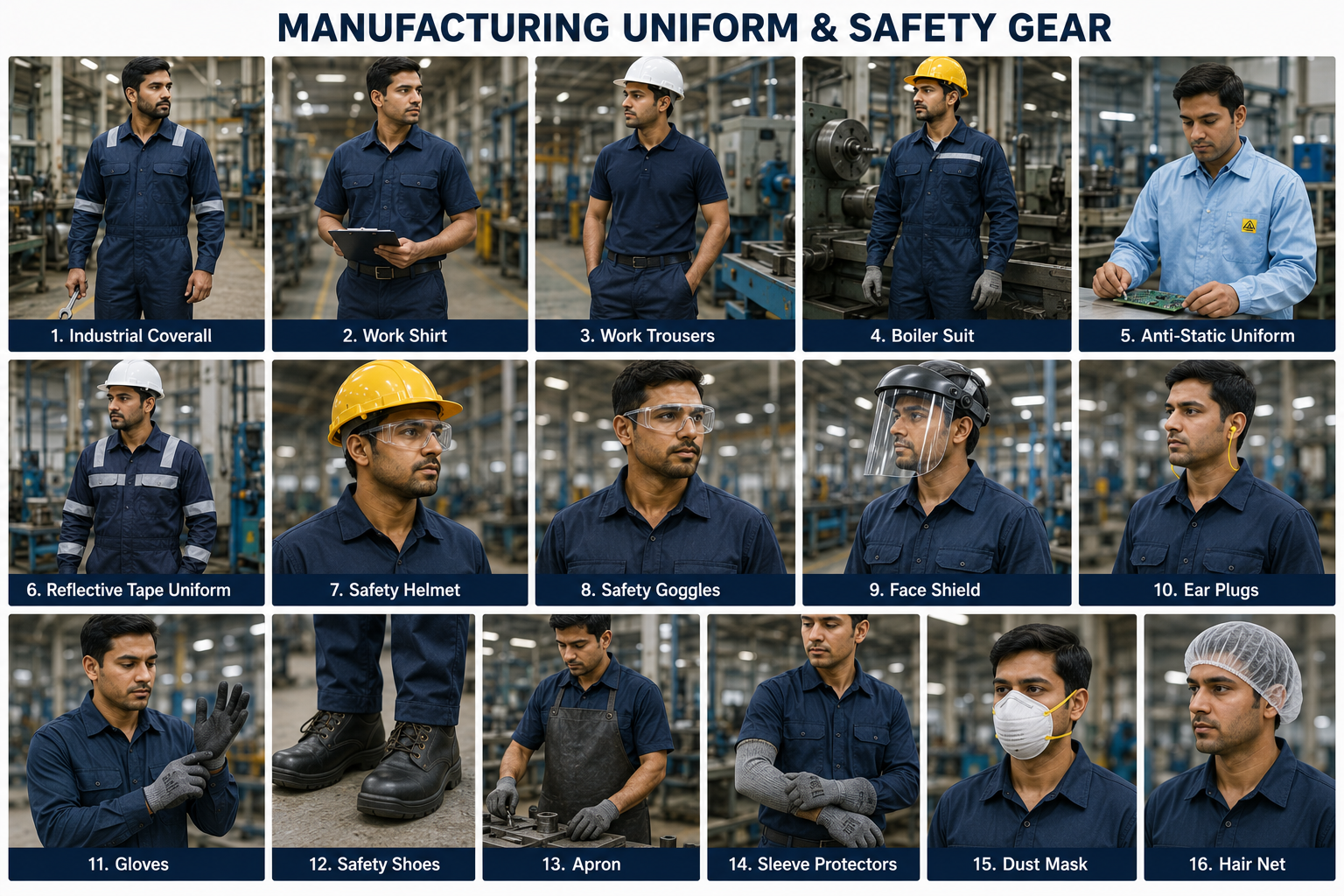 Manufacturing uniform and industrial workwear collection including production uniforms, coveralls, engineering workwear and safety gear
