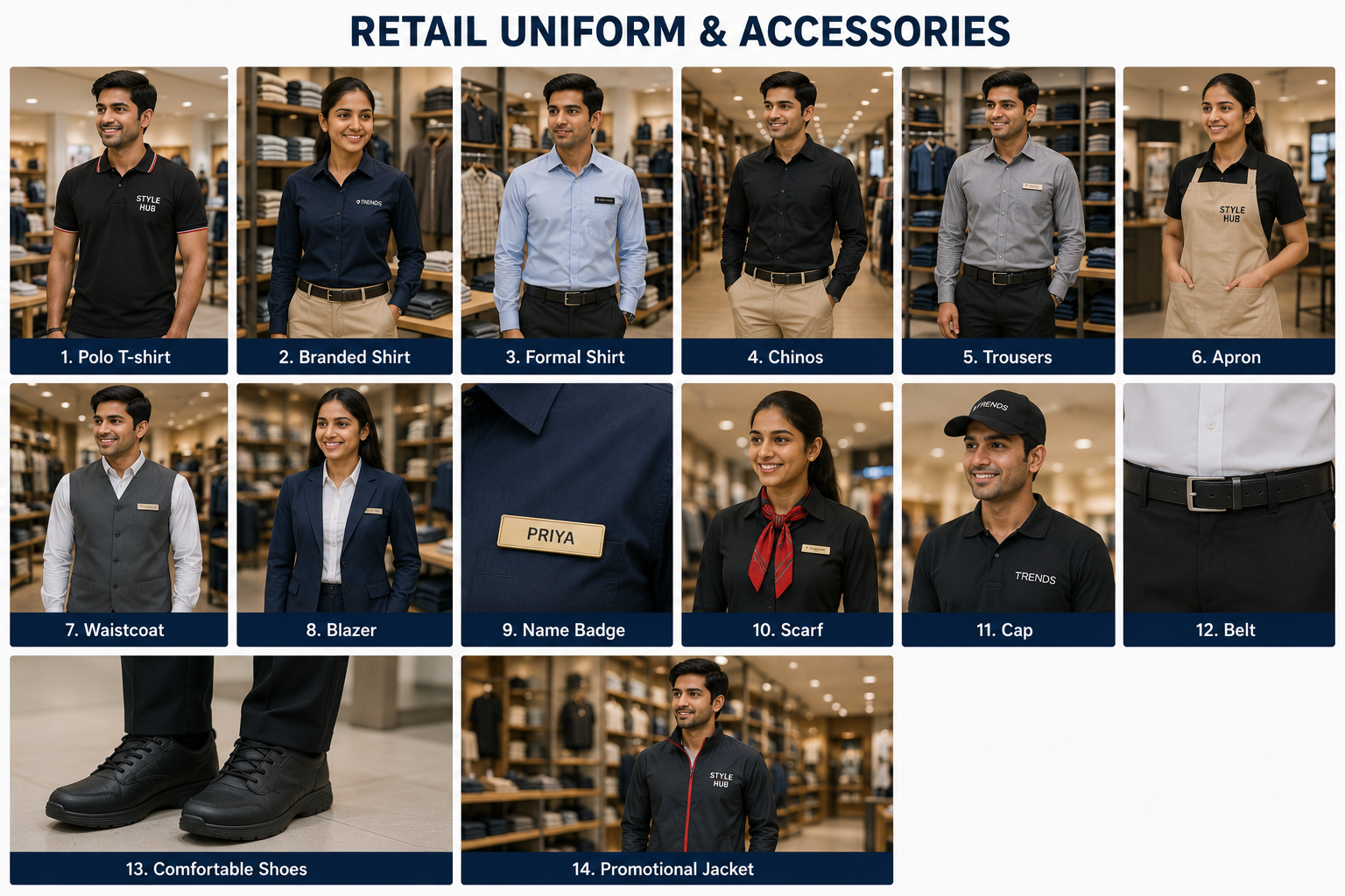 Retail staff uniform collection including branded shirts, polo T-shirts, blazers, trousers, scarves, caps, aprons and promotional jackets
