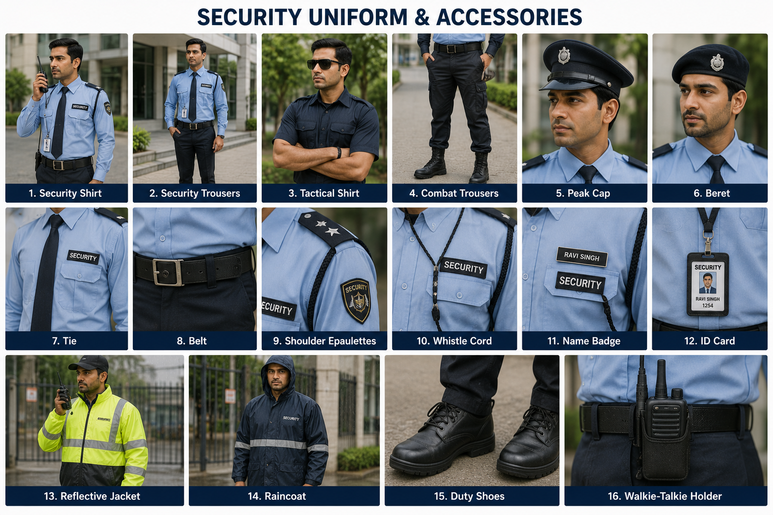 Security guard uniform collection including corporate security uniforms, supervisor uniforms, tactical workwear, caps, belts, badges and duty accessories