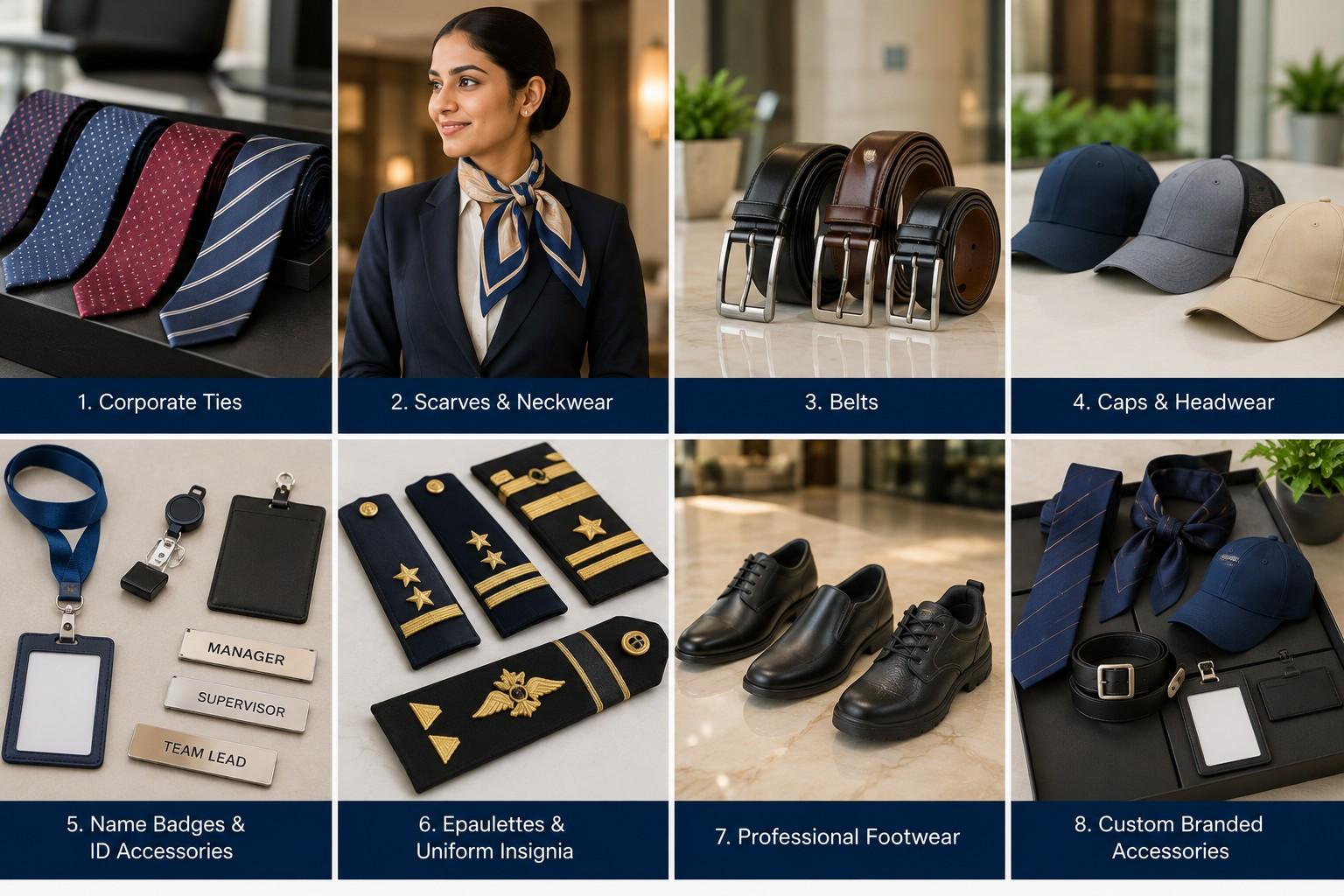 Professional corporate uniform accessories including ties, scarves, belts, caps, name badges, ID accessories, epaulettes, insignia, footwear and custom branded accessories