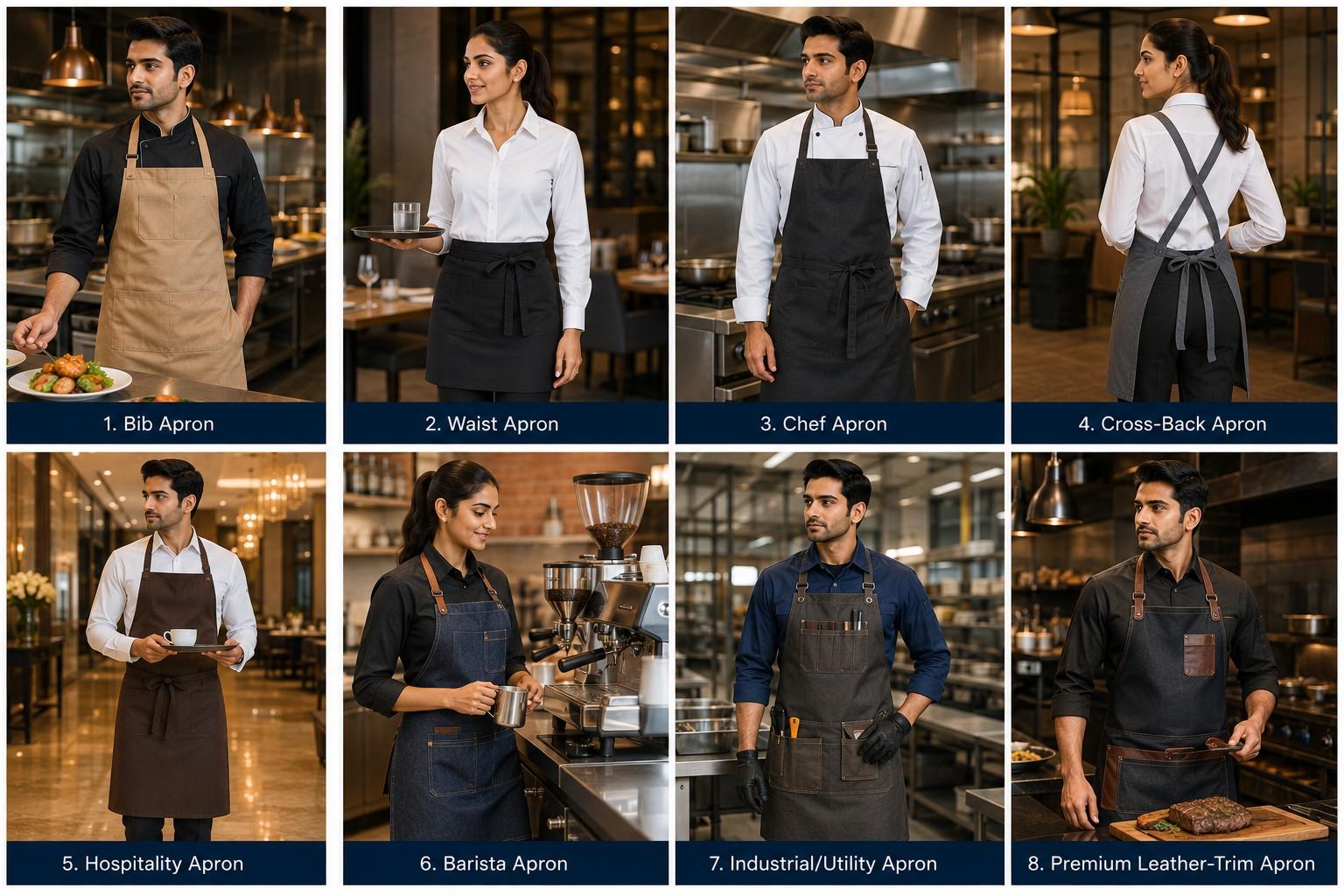 Professional apron collection including bib apron, waist apron, chef apron, cross-back apron, hospitality apron, barista apron, industrial utility apron and premium leather-trim apron