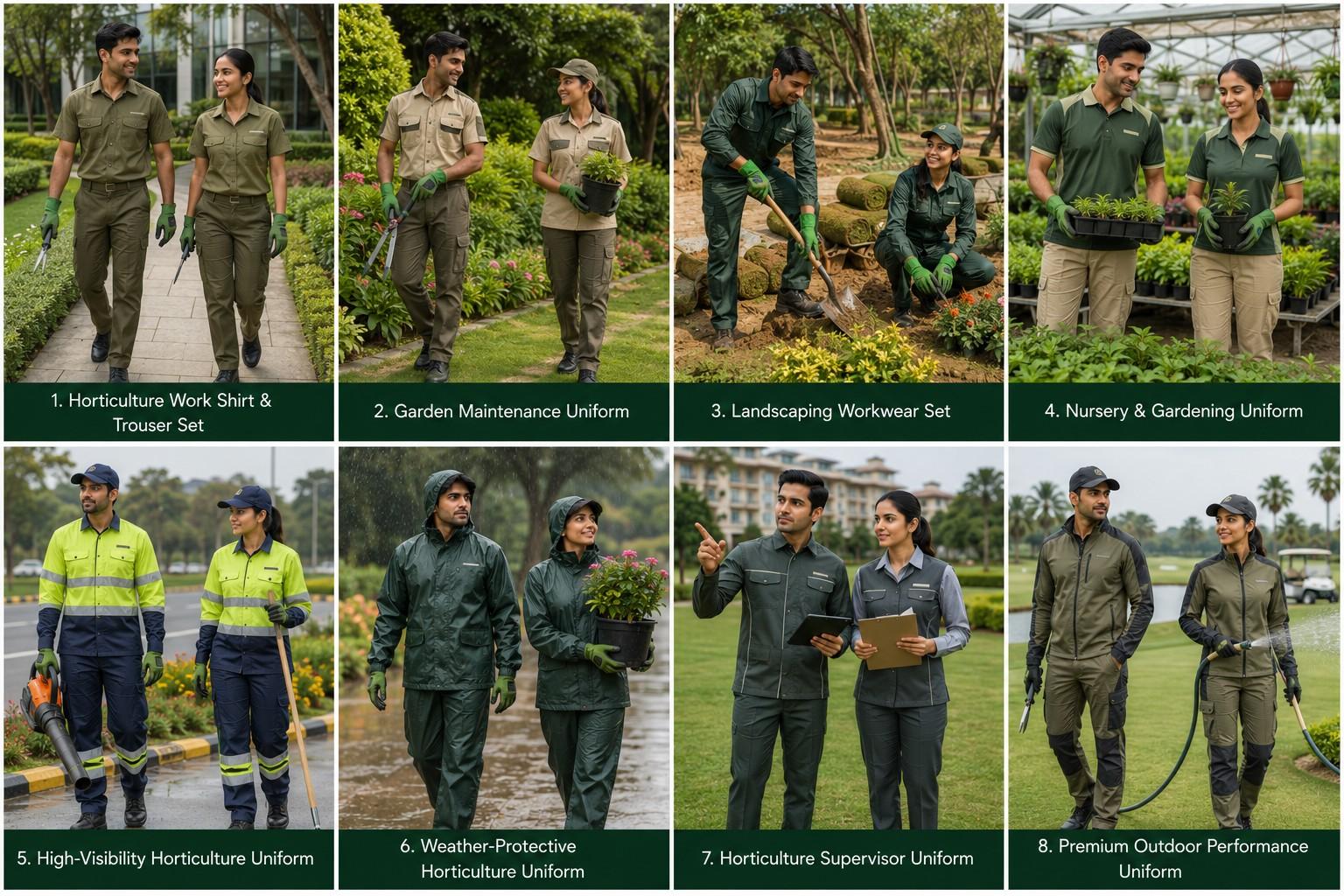 Professional horticulture and landscaping uniform collection including work shirt and trouser sets, garden maintenance uniforms, landscaping workwear, nursery uniforms, high-visibility workwear, weather-protective uniforms and supervisor uniforms