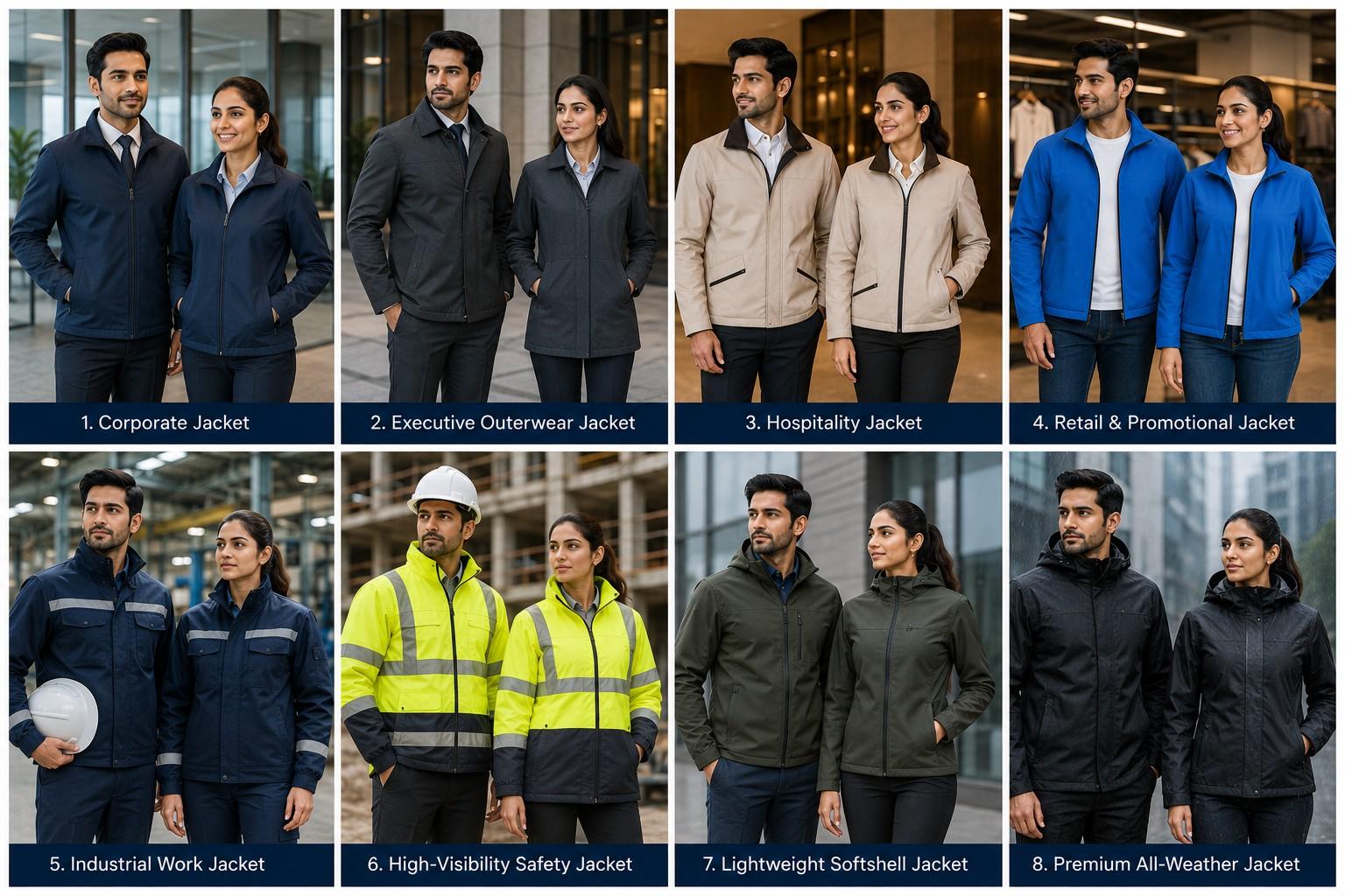 Professional workforce jackets and outerwear including corporate jackets, executive outerwear, hospitality jackets, promotional jackets, industrial work jackets, high-visibility safety jackets, softshell jackets and all-weather jackets