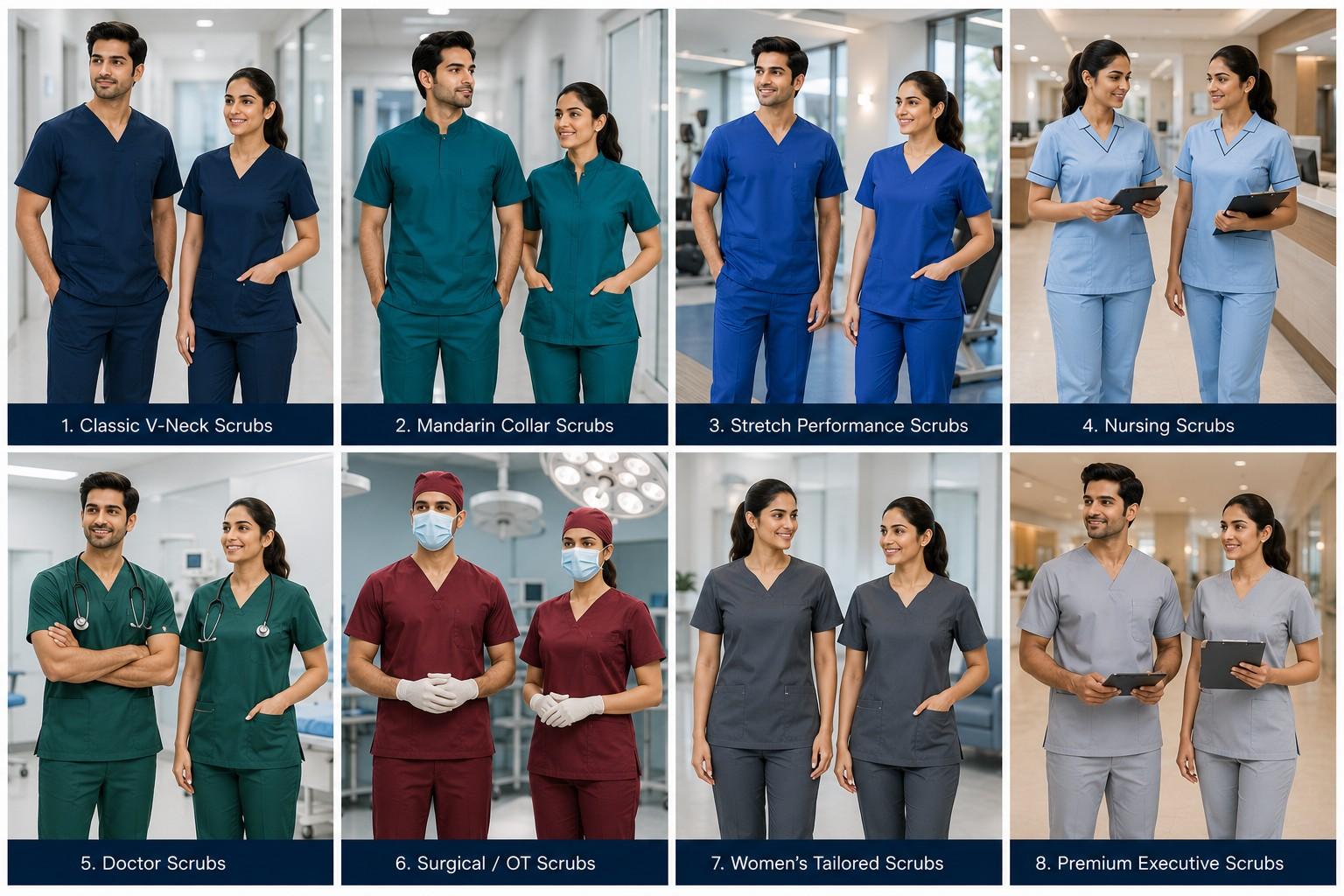 Medical scrub and healthcare uniform collection including V-neck scrubs, Mandarin collar scrubs, stretch performance scrubs, nursing scrubs, doctor scrubs, surgical OT scrubs, women's tailored scrubs and executive scrubs