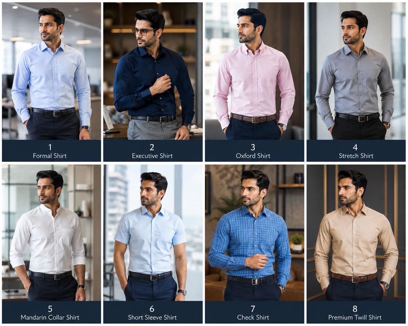 Corporate and professional uniform shirt collection including formal, executive, Oxford, stretch, Mandarin collar, short sleeve, check and premium twill shirts