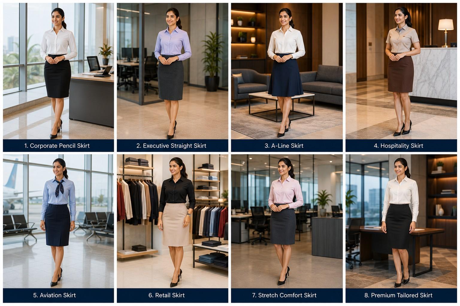 Professional corporate and uniform skirt collection including pencil skirts, executive straight skirts, A-line skirts, hospitality skirts, aviation skirts, retail skirts, stretch skirts and premium tailored skirts