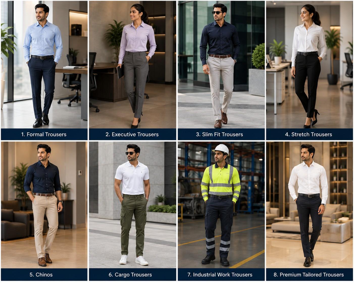 Professional corporate and workwear trouser collection including formal trousers, executive trousers, slim fit trousers, stretch trousers, chinos, cargo trousers, industrial work trousers and premium tailored trousers