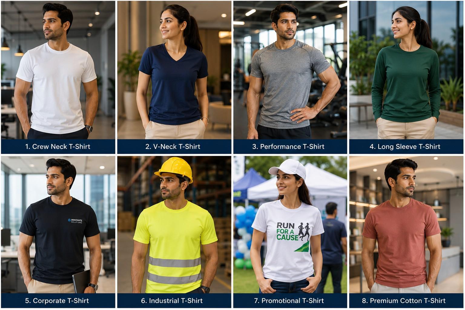Corporate and workforce T-shirt collection including crew neck, V-neck, performance, long sleeve, corporate, industrial, promotional and premium cotton T-shirts