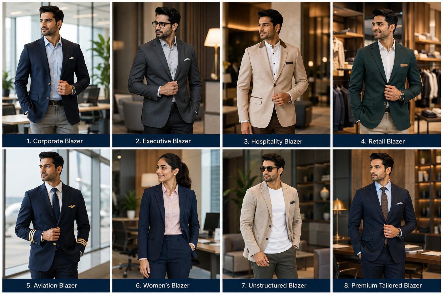 Professional corporate and hospitality blazer collection including executive, retail, aviation, women's, unstructured and premium tailored blazers
