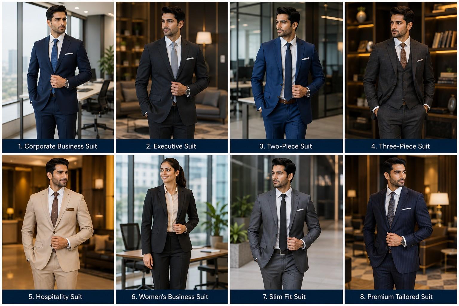 Eight professional business suit styles including corporate, executive, two-piece, three-piece, hospitality, women's, slim fit and premium tailored suits