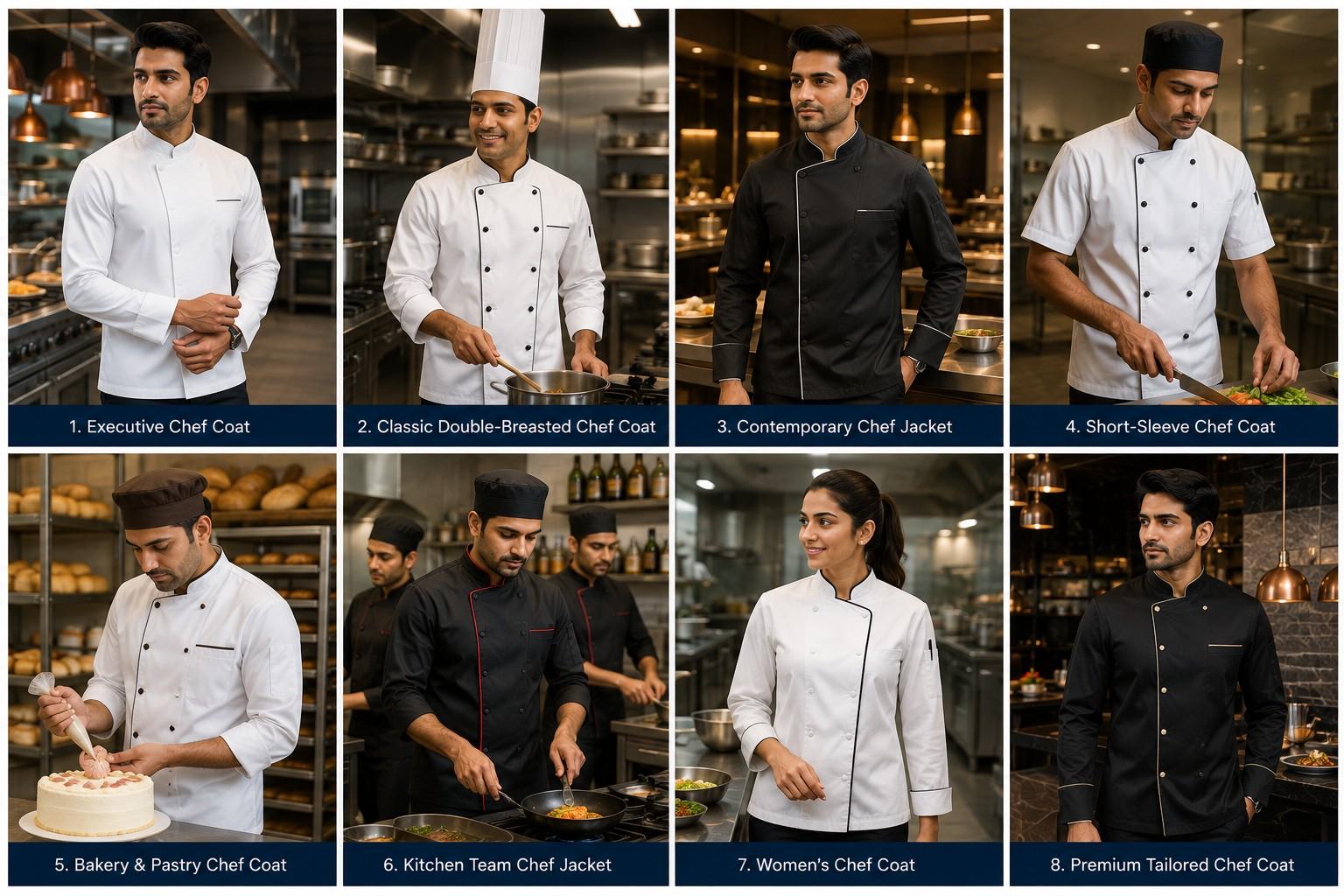 Professional chef uniform collection including executive chef coat, double-breasted chef coat, contemporary chef jacket, short-sleeve chef coat, bakery and pastry coat, kitchen team jacket, women's chef coat and premium tailored chef coat
