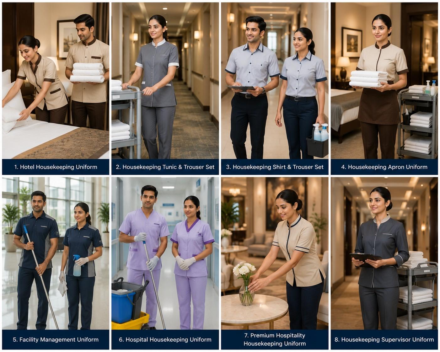 Professional housekeeping uniform collection including hotel housekeeping, tunic and trouser, shirt and trouser, housekeeping apron, facility management, hospital housekeeping, premium hospitality and supervisor uniforms