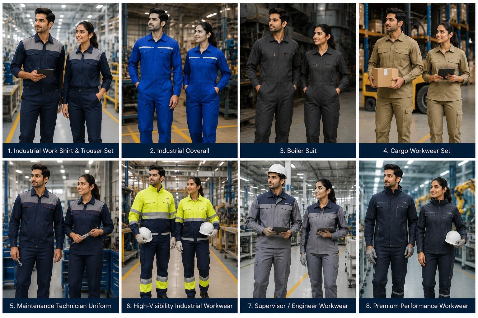 Industrial workwear and factory uniform collection including work shirt and trouser sets, coveralls, boiler suits, cargo workwear, technician uniforms, high-visibility workwear and engineer uniforms