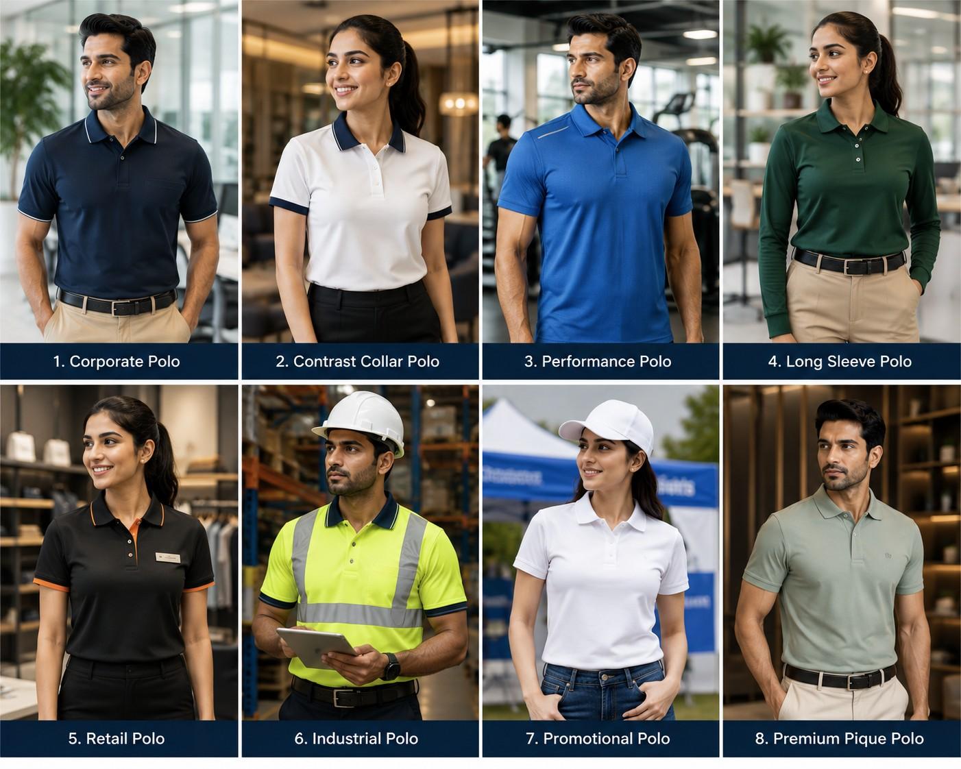 Corporate polo T-shirt collection including corporate, contrast collar, performance, long sleeve, retail, industrial, promotional and premium pique polo shirts