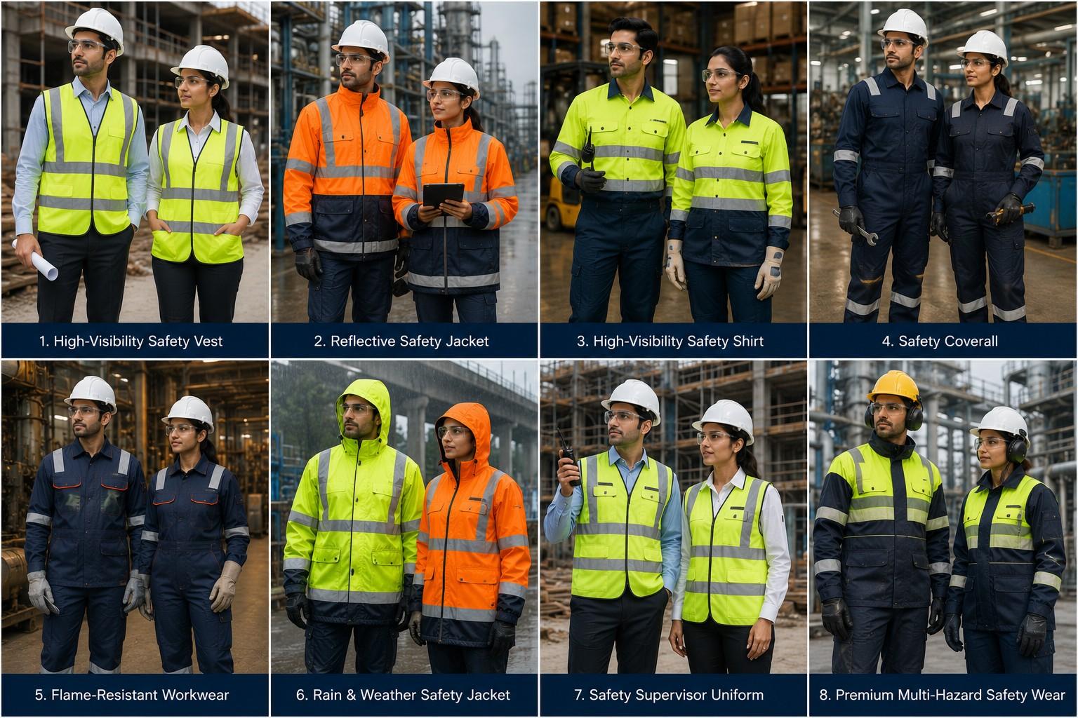 Industrial safety wear collection including high-visibility safety vest, reflective safety jacket, high-visibility safety shirt, safety coverall, flame-resistant workwear, weather safety jacket, supervisor uniform and multi-hazard safety wear