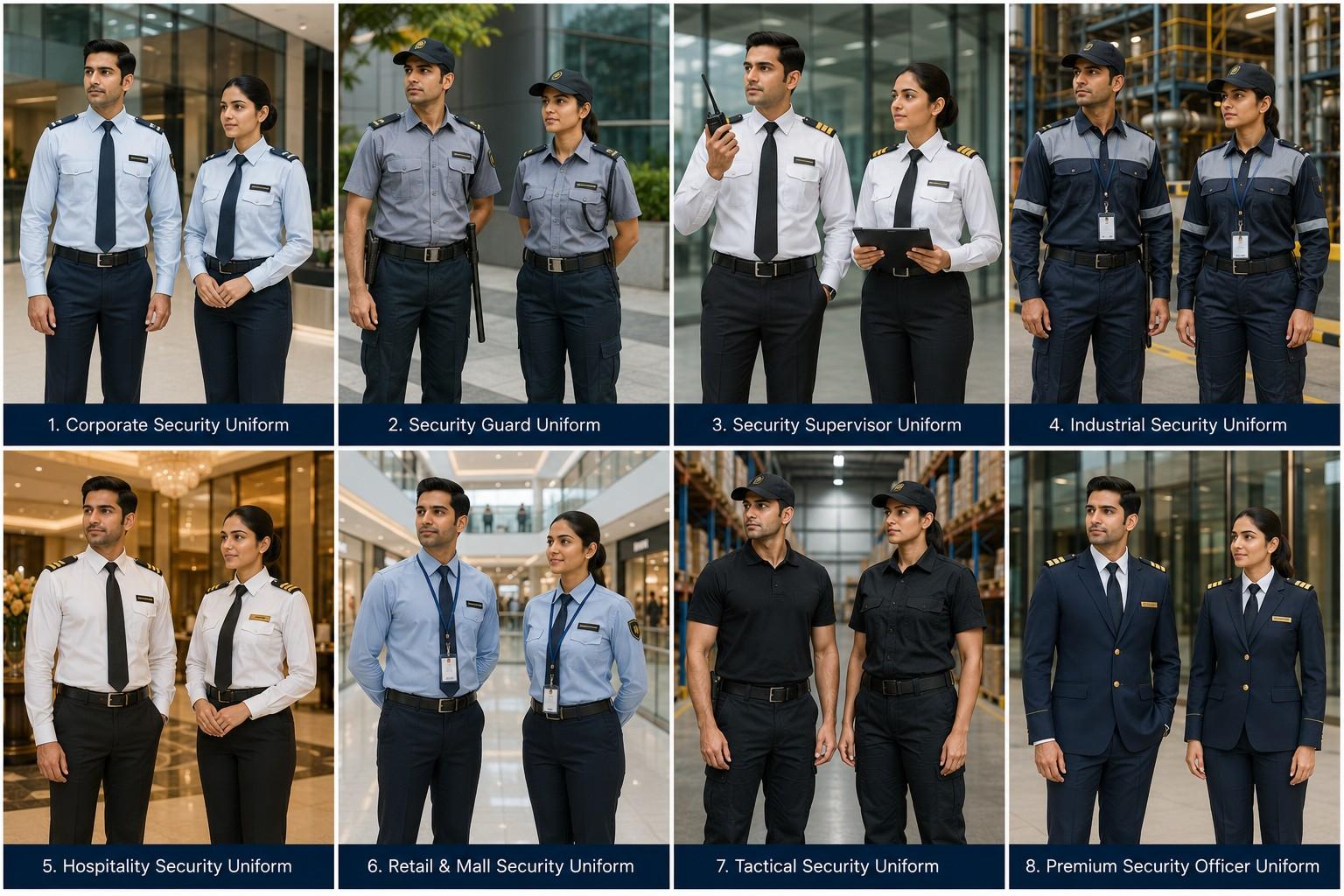 Professional security uniform collection including corporate security, security guard, security supervisor, industrial security, hospitality security, mall security, tactical security and premium security officer uniforms