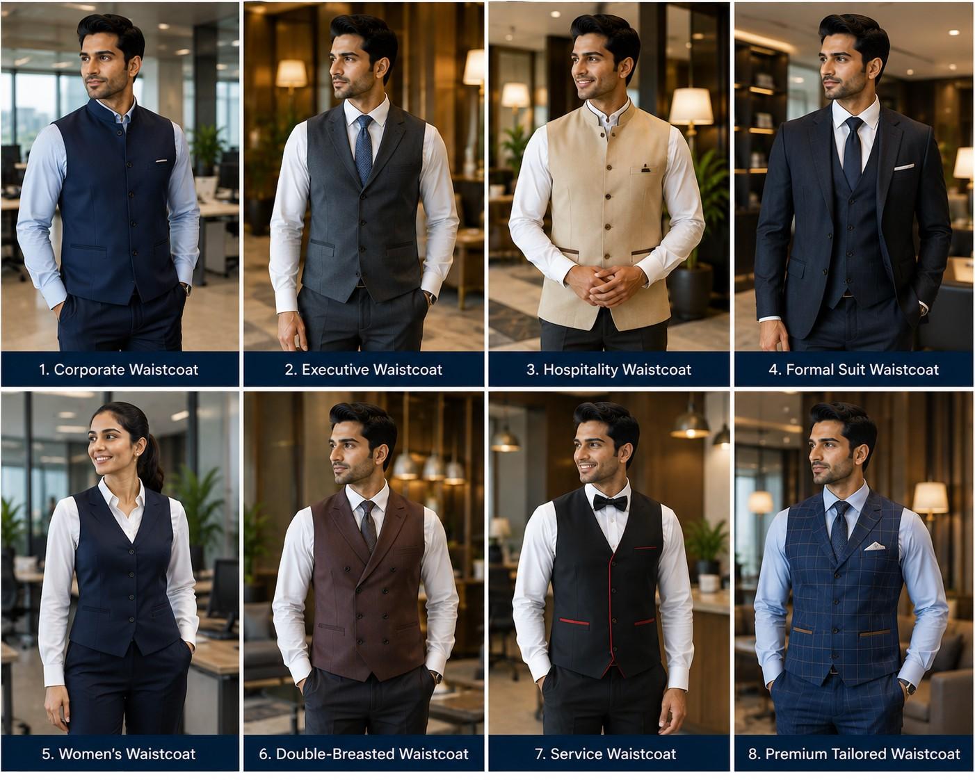 Professional corporate and hospitality waistcoat collection including executive, formal suit, women's, double-breasted, service and premium tailored waistcoats