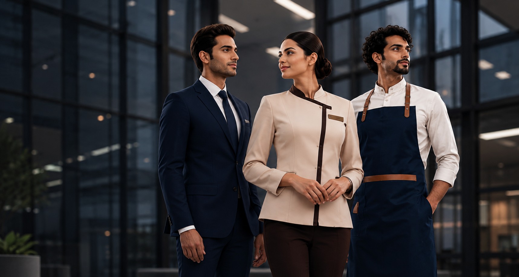 Professionals wearing premium corporate and hospitality uniforms